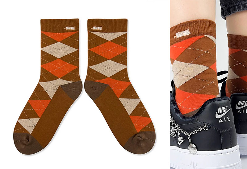 經典菱格紋-咖啡橘 厚襪款(2種尺寸) 